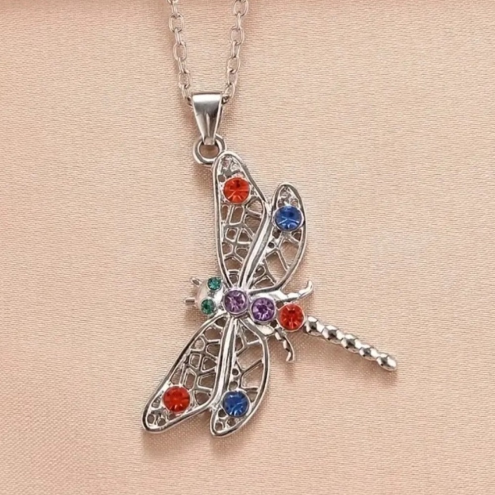 NEW 22” Silver Rhinestone Dragonfly Necklace